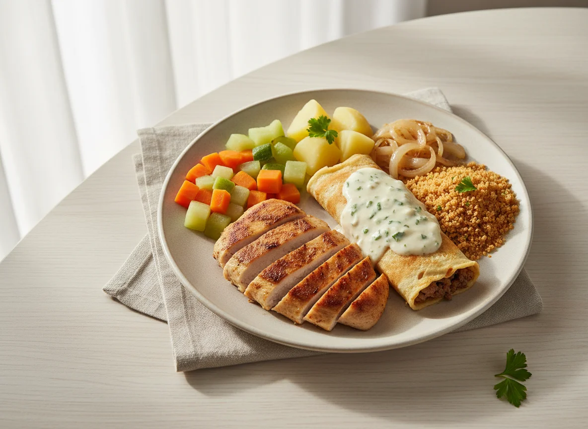 Refeição com frango, panqueca e legumes photo