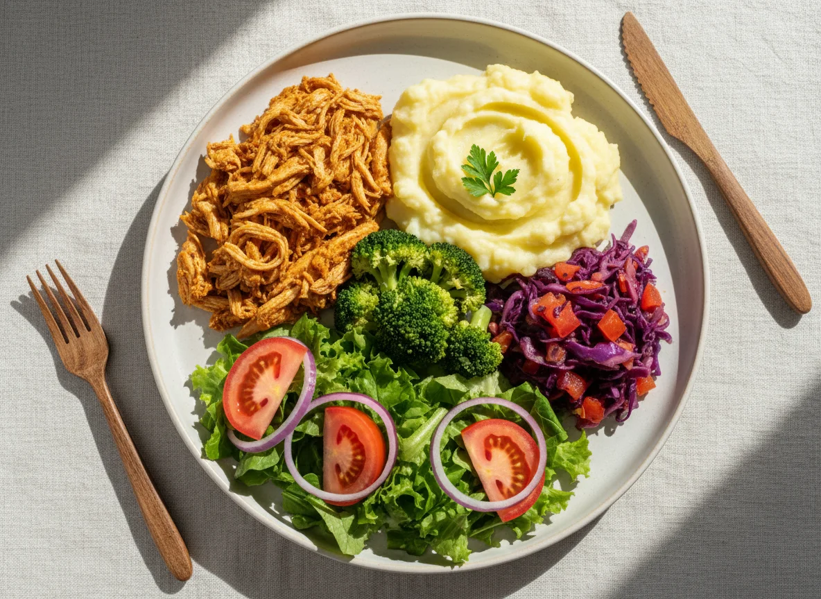 Refeição com frango, purê de batata e salada photo