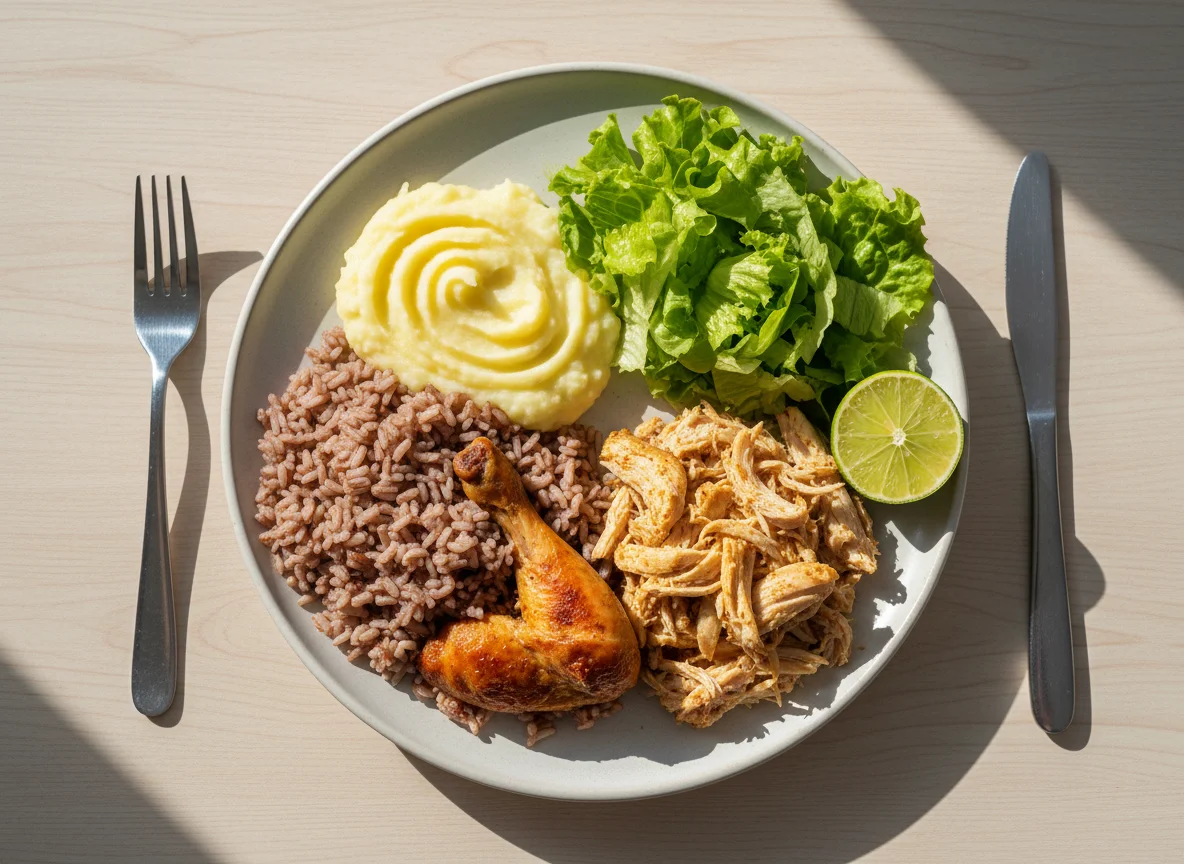 Refeição com frango, purê e arroz photo