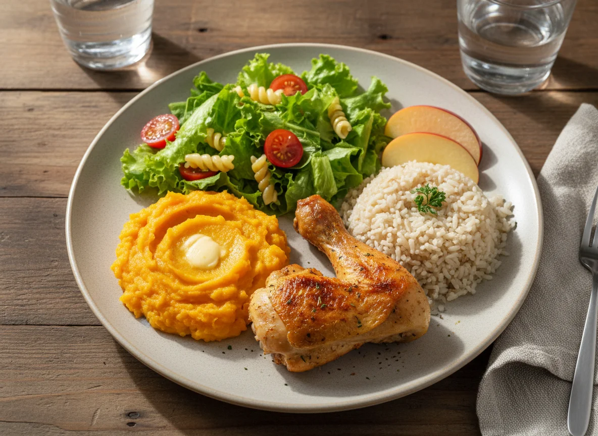 Refeição com frango, purê e salada photo