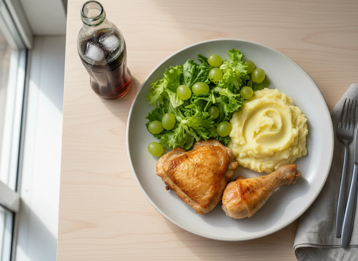 Refeição com frango, purê, salada e uvas photo