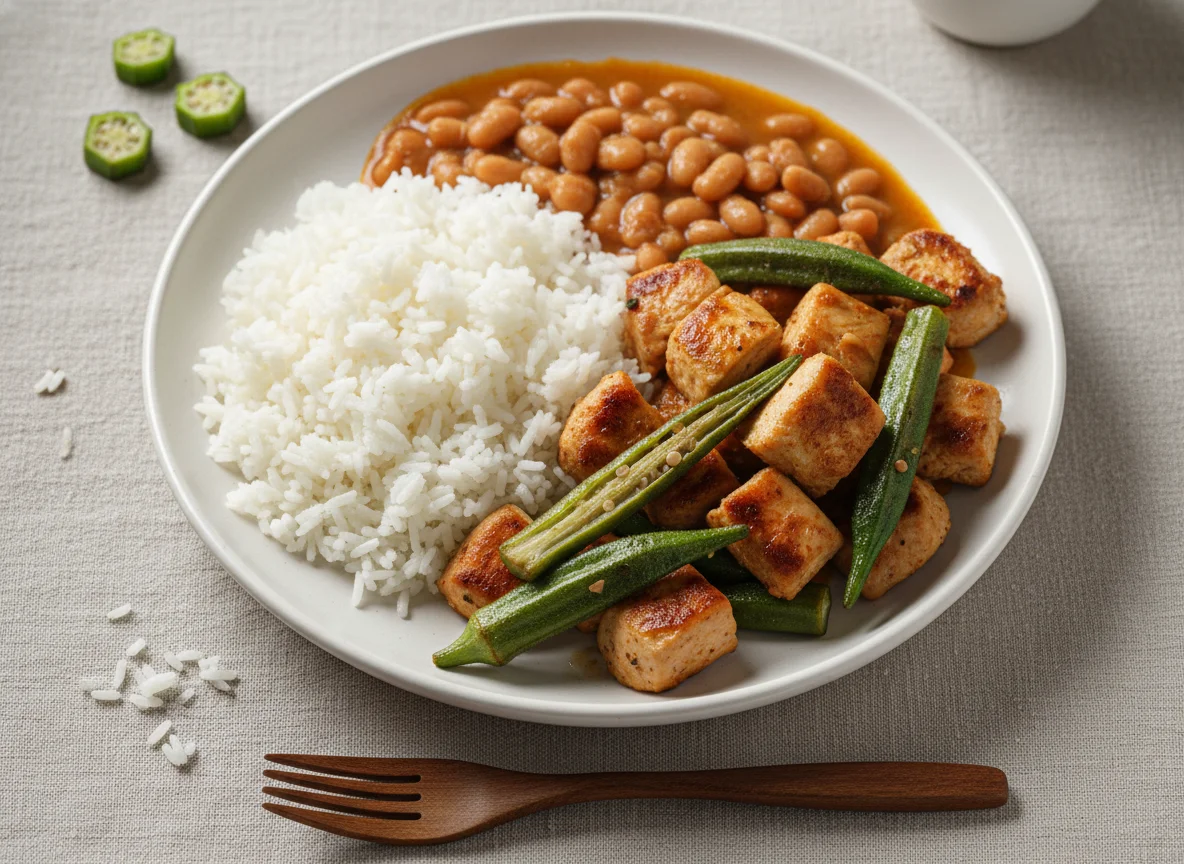 Refeição com frango, quiabo e arroz photo