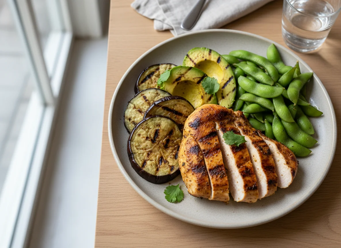 Refeição com frango, vegetais e edamame photo