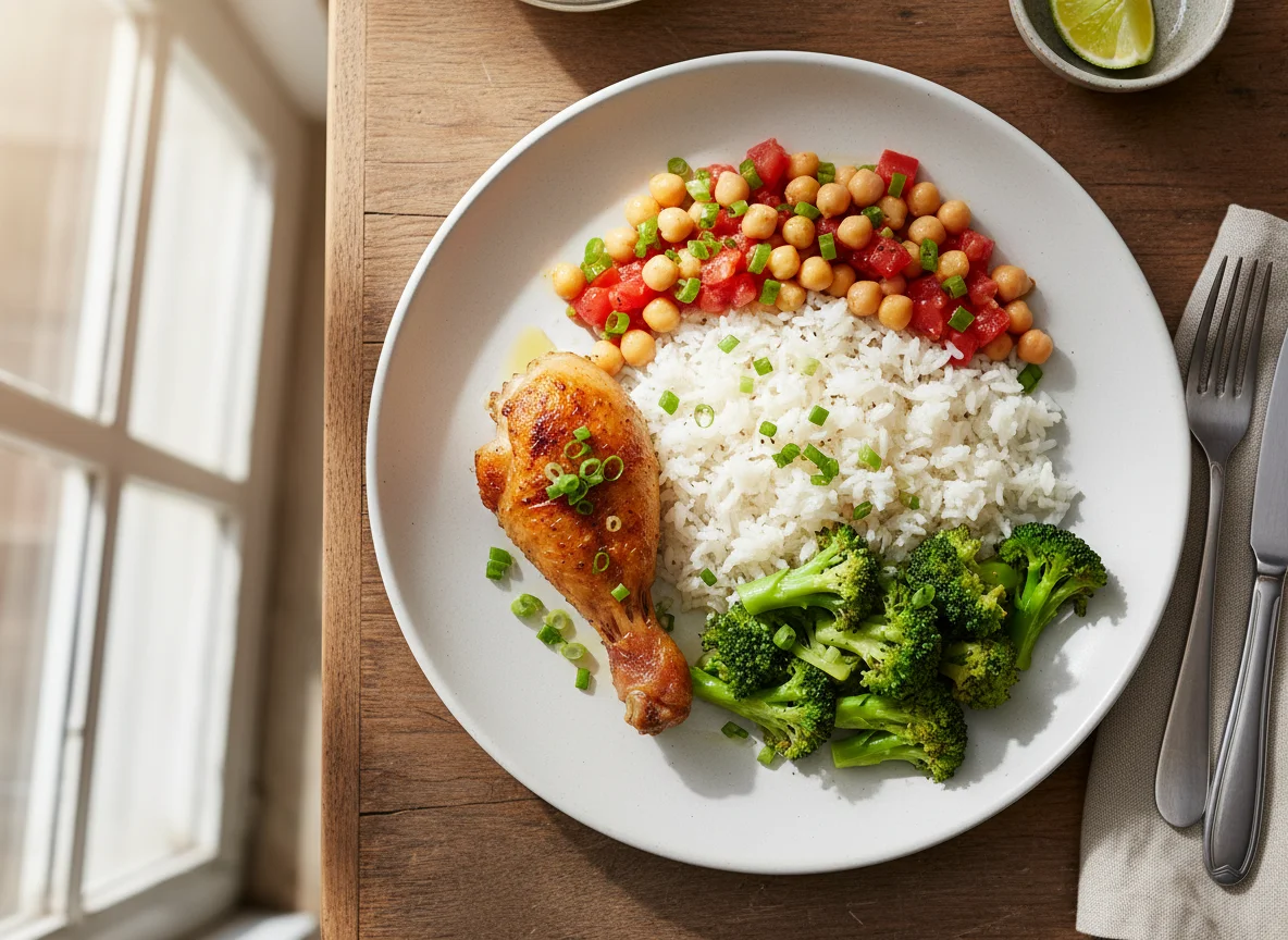 Refeição com grão de bico, brócolis, arroz e frango photo