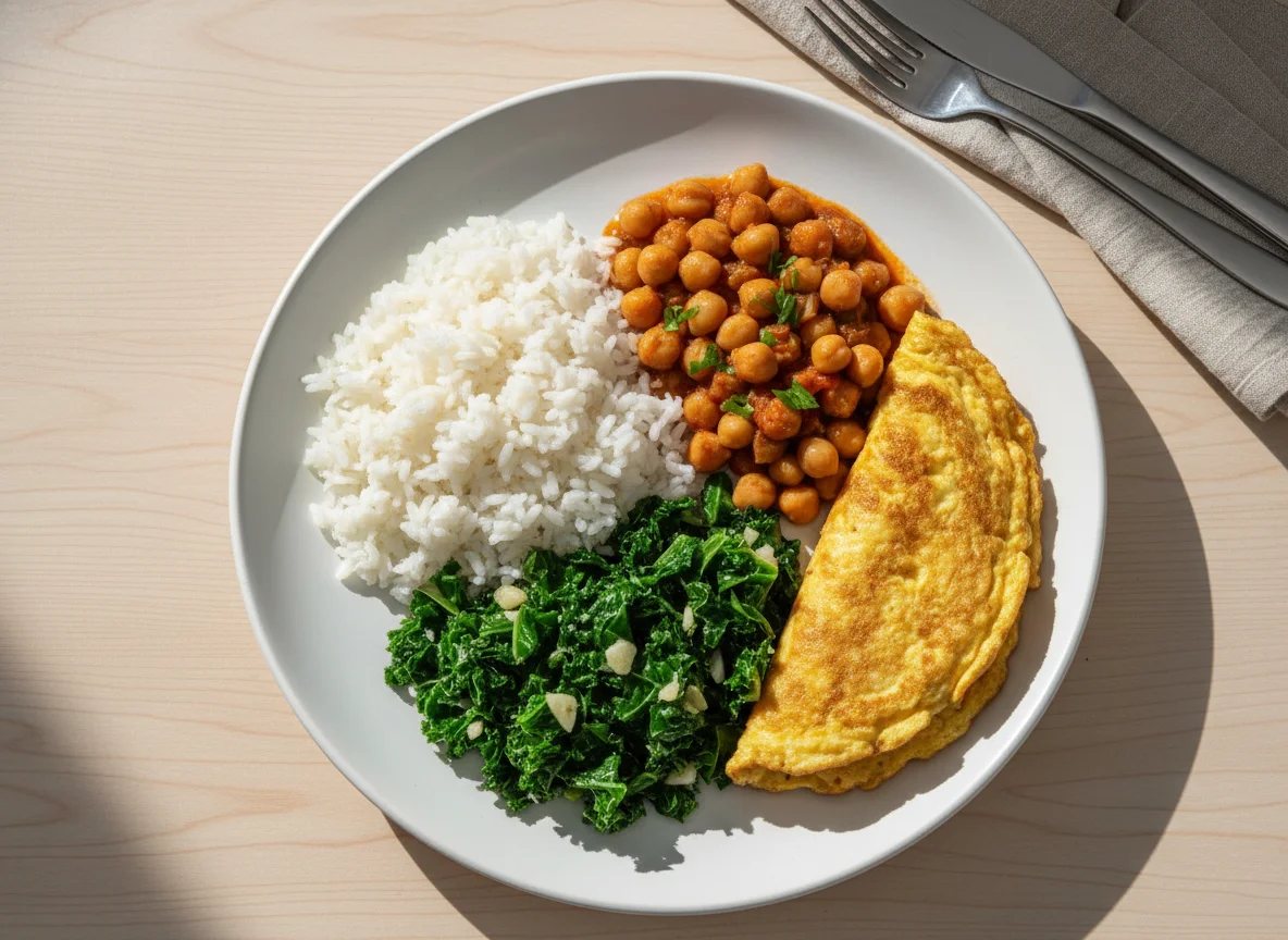 Refeição com grão de bico, couve e omelete photo