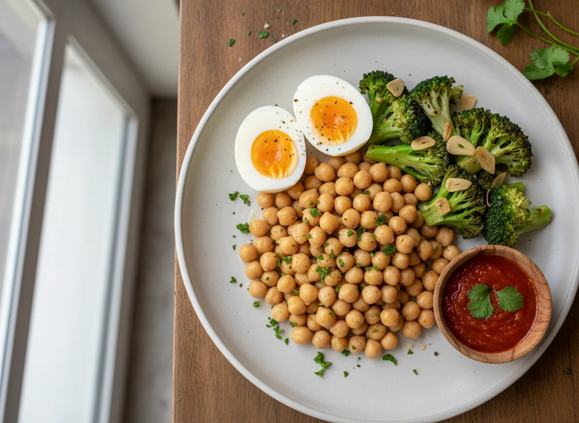 Refeição com grão-de-bico, ovos e brócolos photo