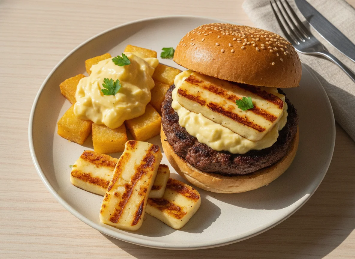 Refeição com hambúrguer, maionese de batata e queijo coalho photo