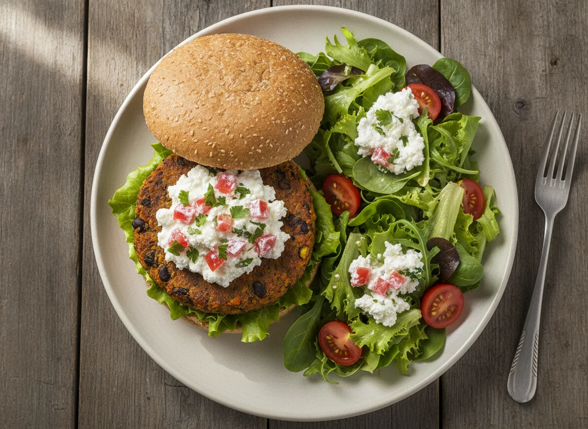 Refeição com hambúrguer vegetariano e salada photo