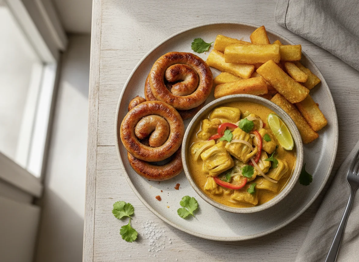Refeição com linguiça, aipim frito e moqueca de jaca photo