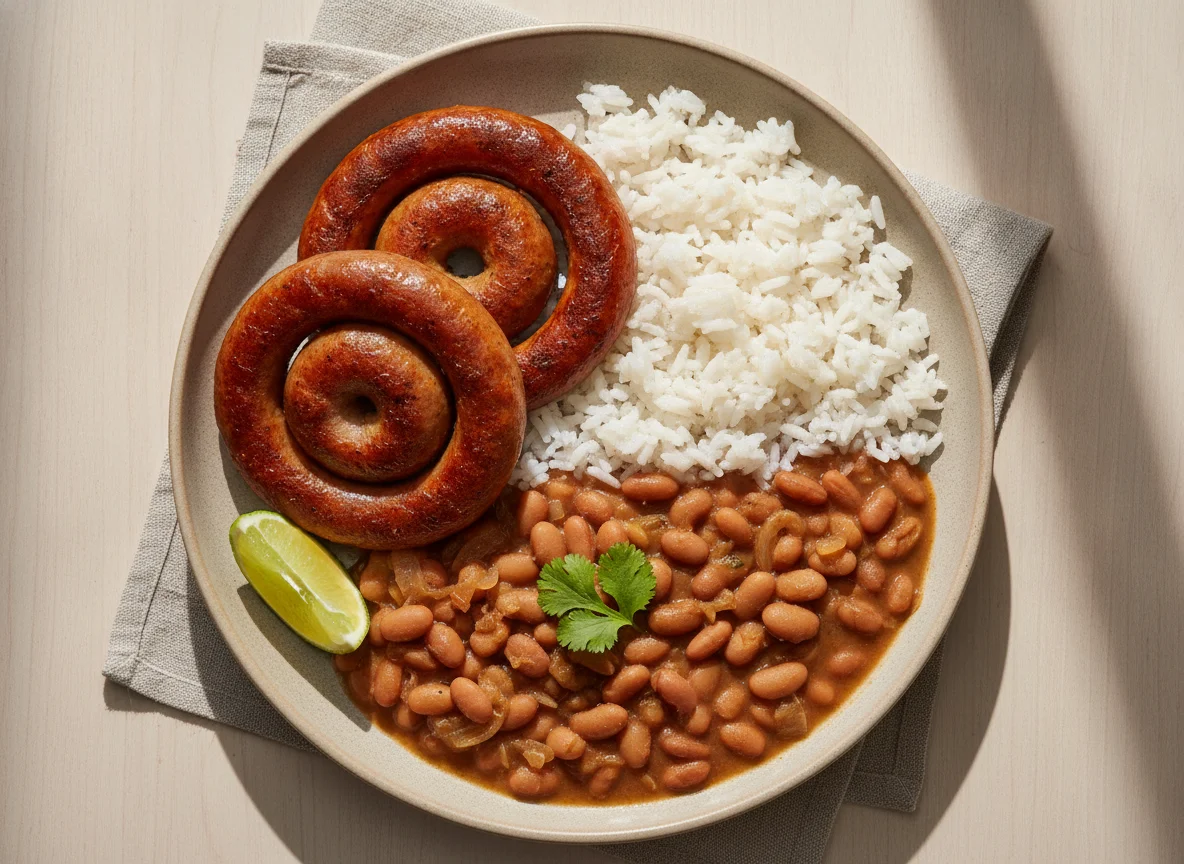 Refeição com linguiça, arroz e feijão photo