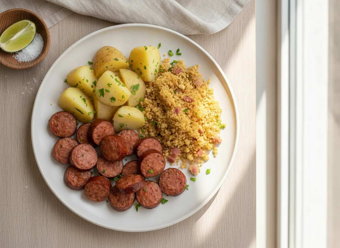 Refeição com linguiça, batata e farofa photo