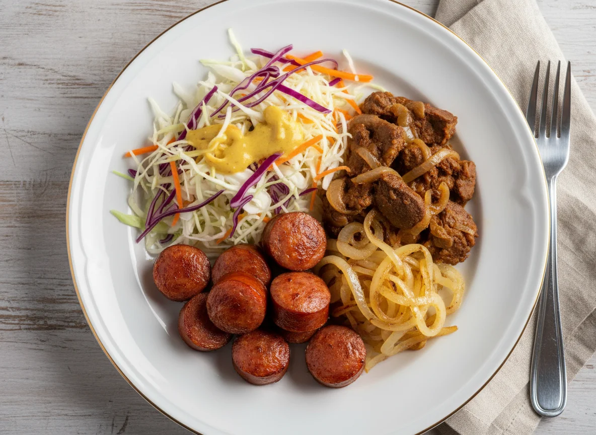Refeição com linguiça, cebola e salada de repolho photo