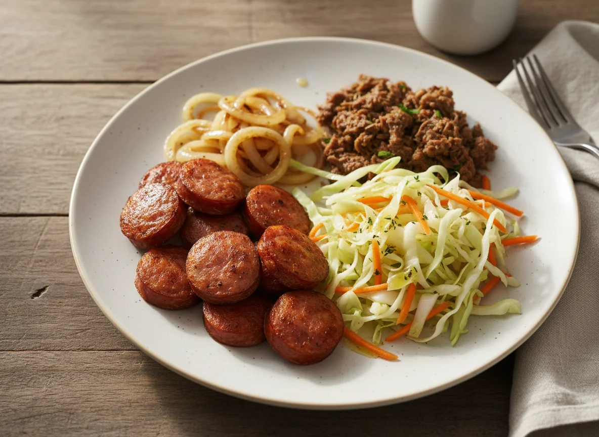 Refeição com linguiça e salada photo