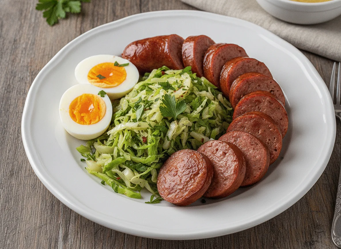 Refeição com linguiça, repolho e ovos cozidos photo
