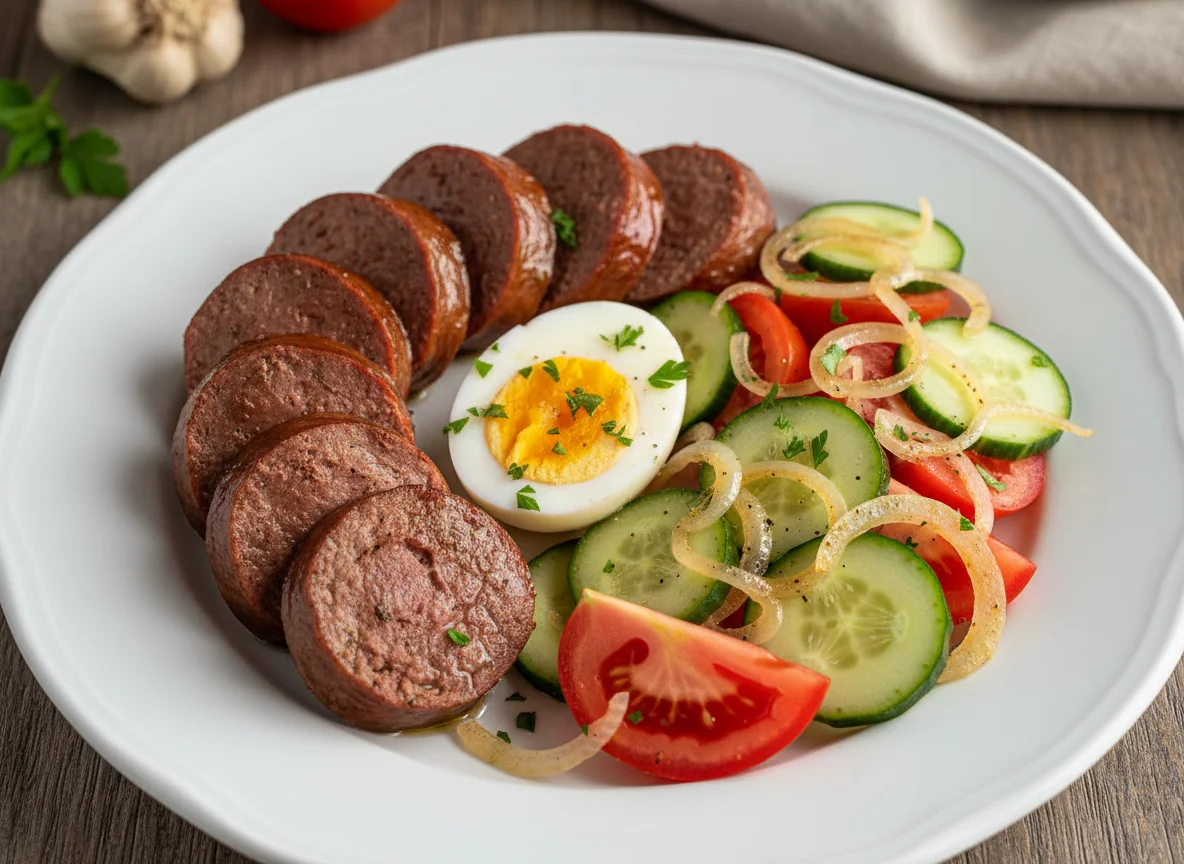 Refeição com linguiça, salada e ovo photo