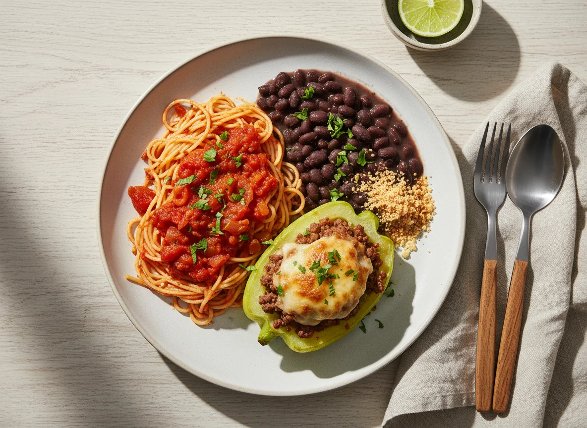 Refeição com macarrão, feijão e chuchu recheado photo