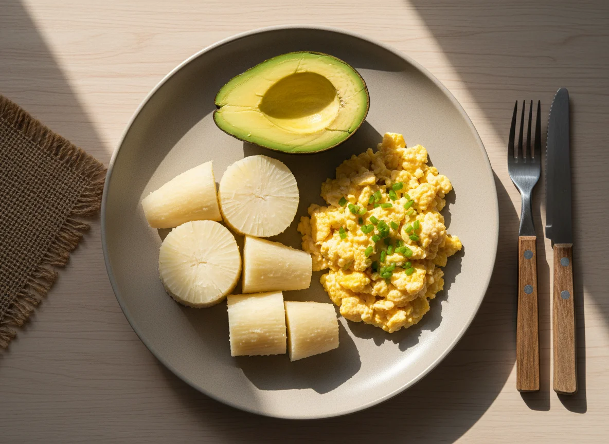 Refeição com mandioca, abacate e ovos mexidos photo