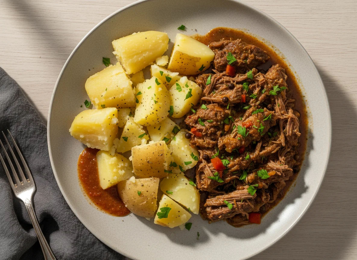 Refeição com mandioca, batata e carne photo