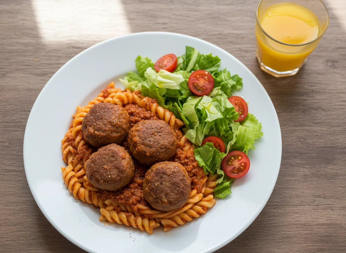 Refeição com massa, almôndegas e salada photo