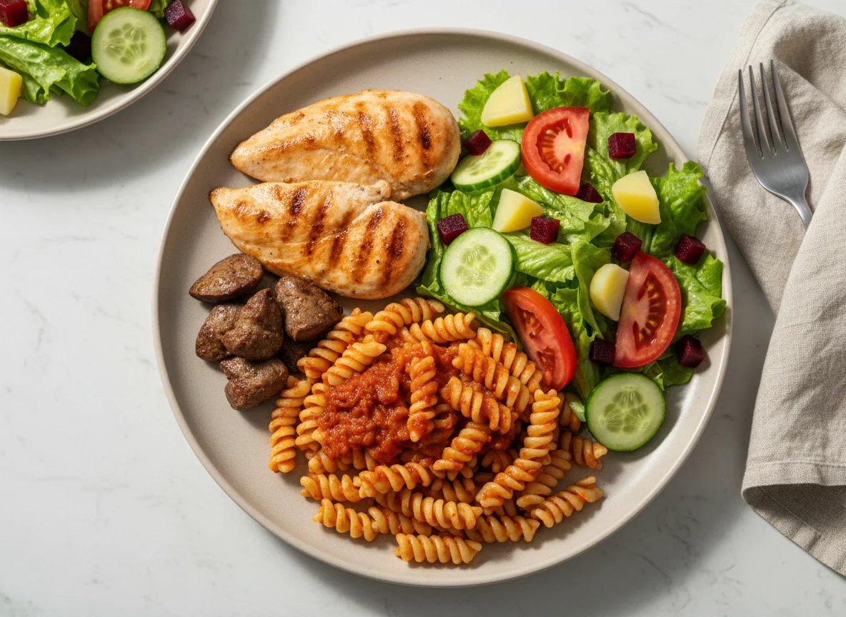 Refeição com massa, frango e salada photo