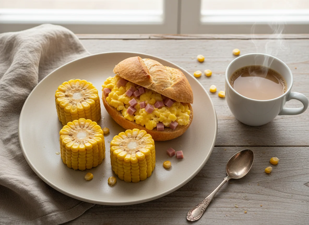 Refeição com milho, pão com ovos e café com leite photo