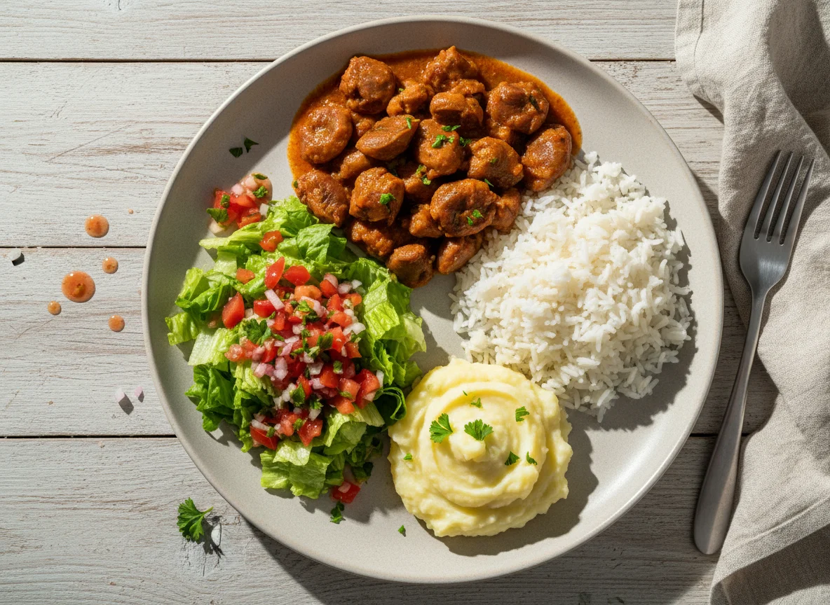 Refeição com moela, arroz, purê e salada photo