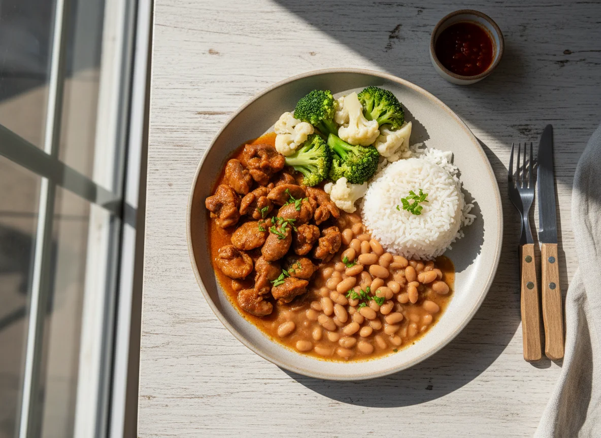 Refeição com moela, feijão, arroz e vegetais photo