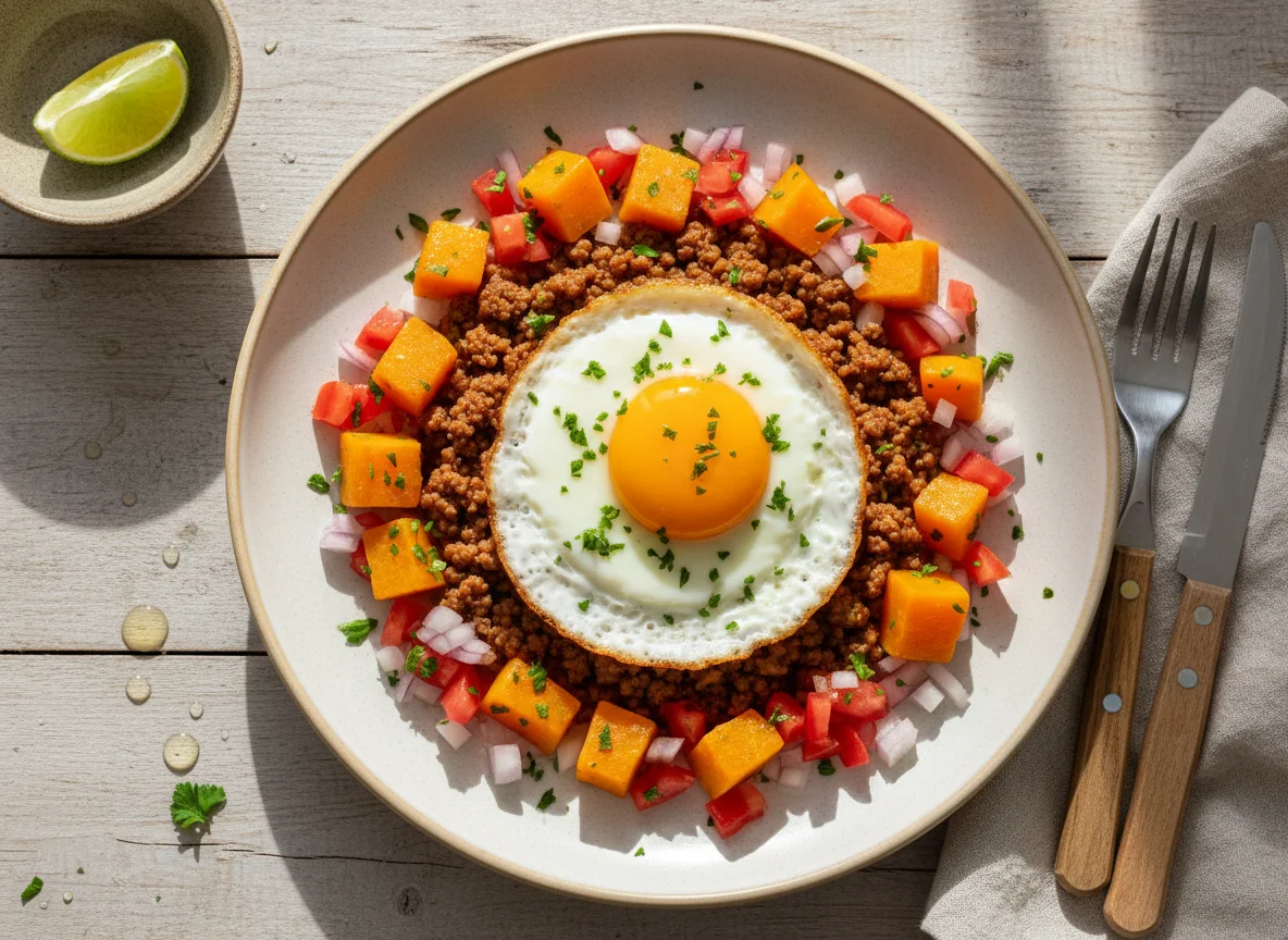 Refeição com ovo frito e salada photo