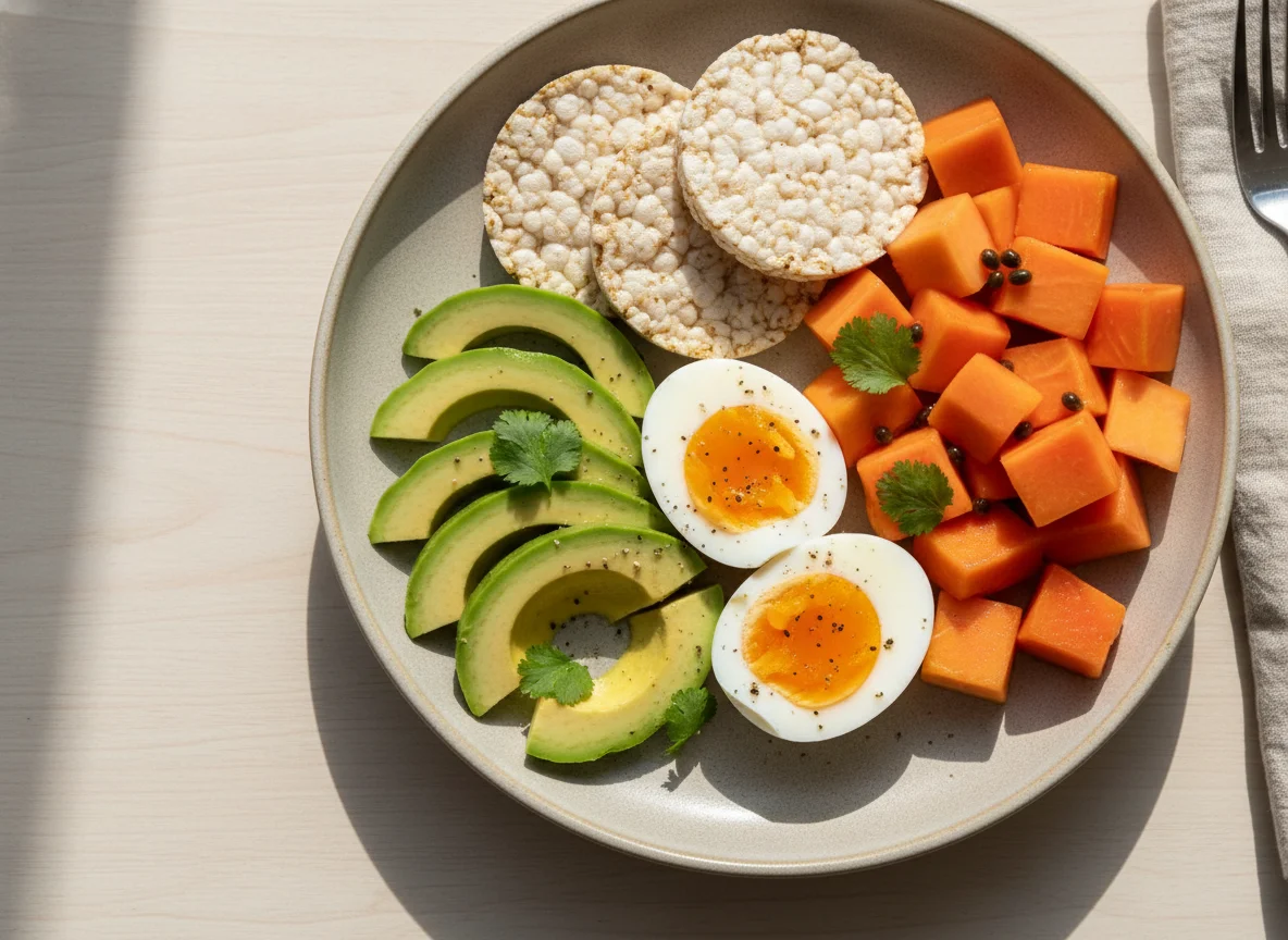 Refeição com ovos, abacate, bolachas de arroz e mamão photo