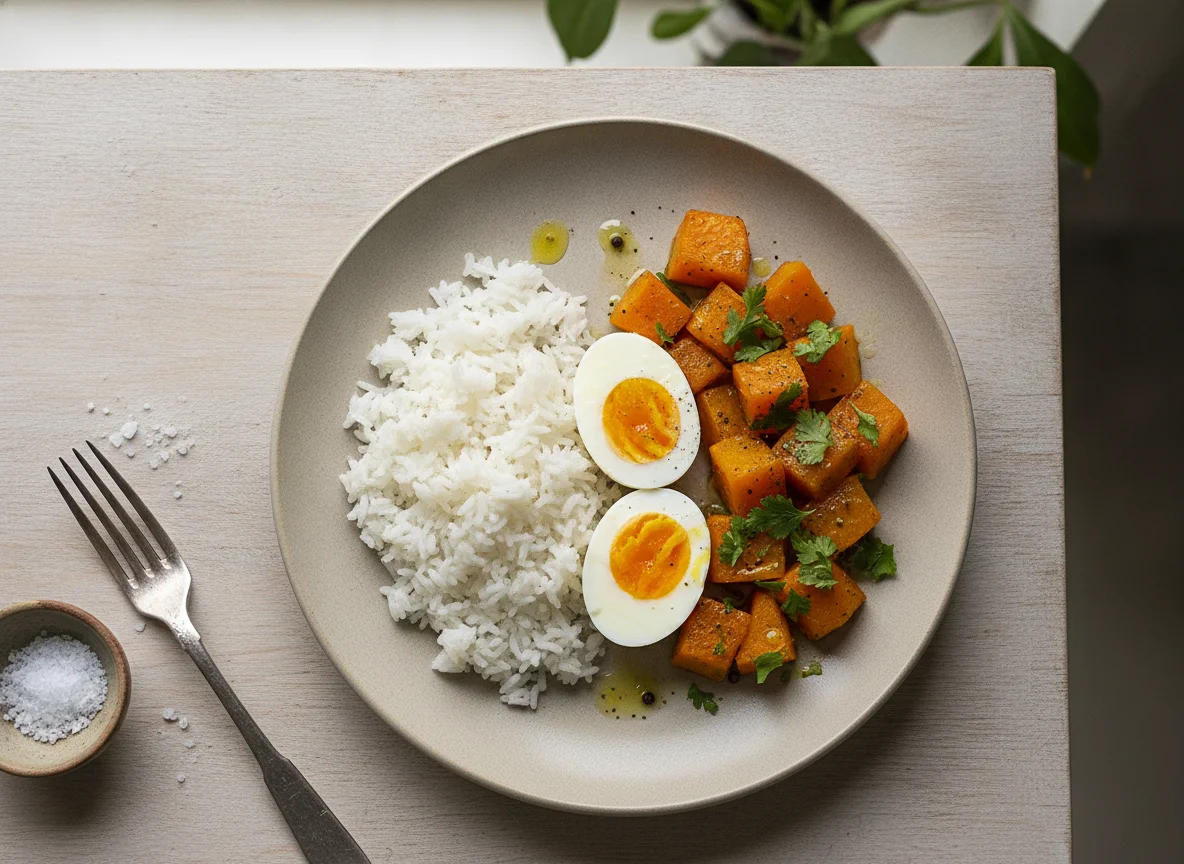 Refeição com ovos, abóbora e arroz photo