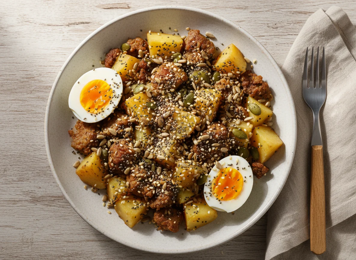 Refeição com ovos, batata e carne moída photo