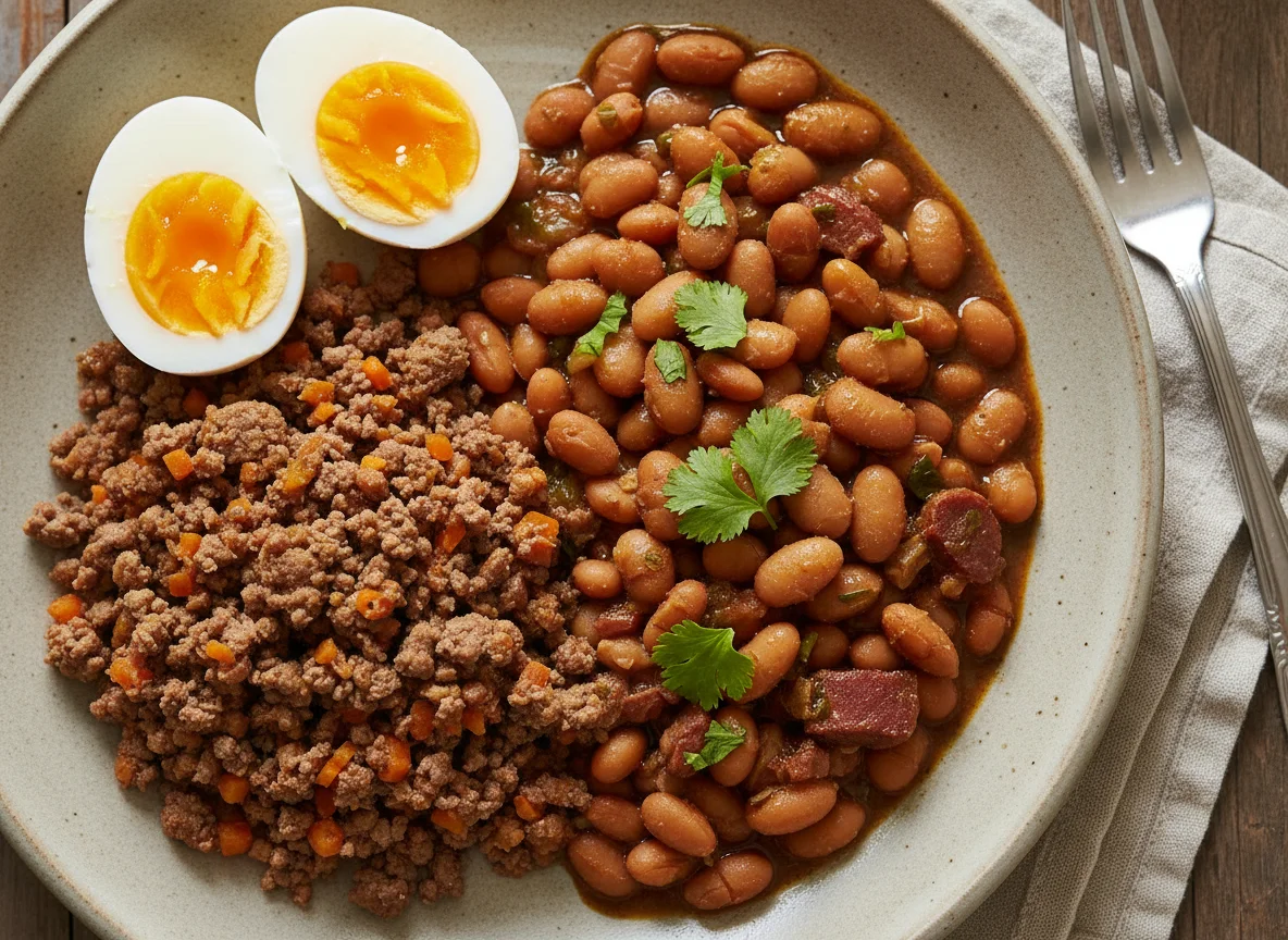 Refeição com ovos, carne moída e feijão photo