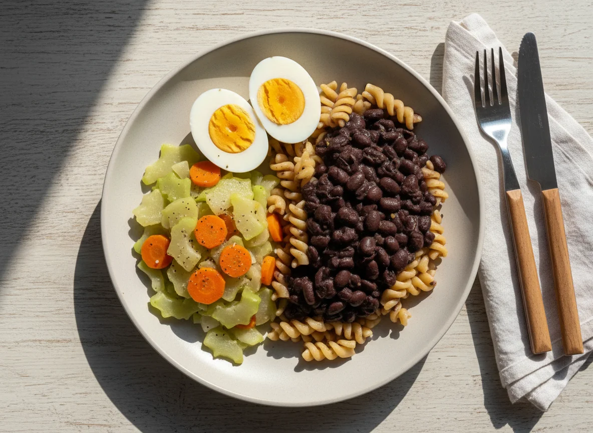 Refeição com ovos, chuchu refogado e macarrão com feijão photo