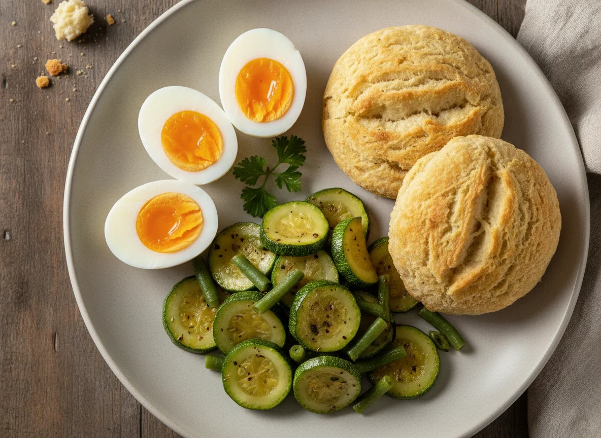 Refeição com ovos cozidos, refogado de legumes e biscoito photo