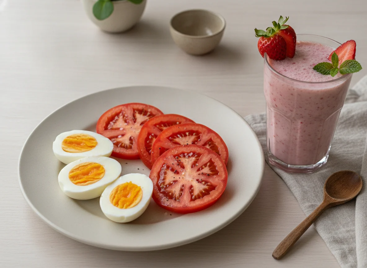 Refeição com ovos cozidos, tomate e vitamina photo