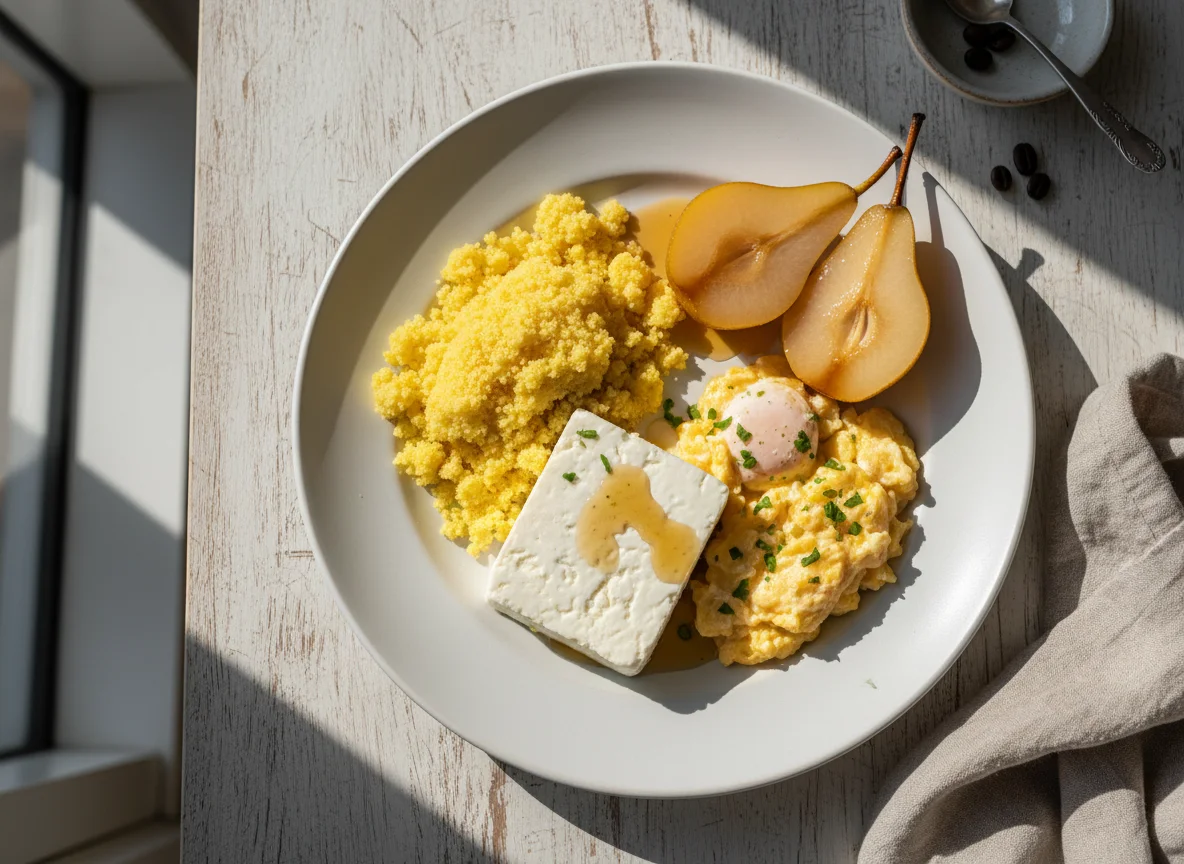 Refeição com ovos, cuscuz, queijo e pera photo