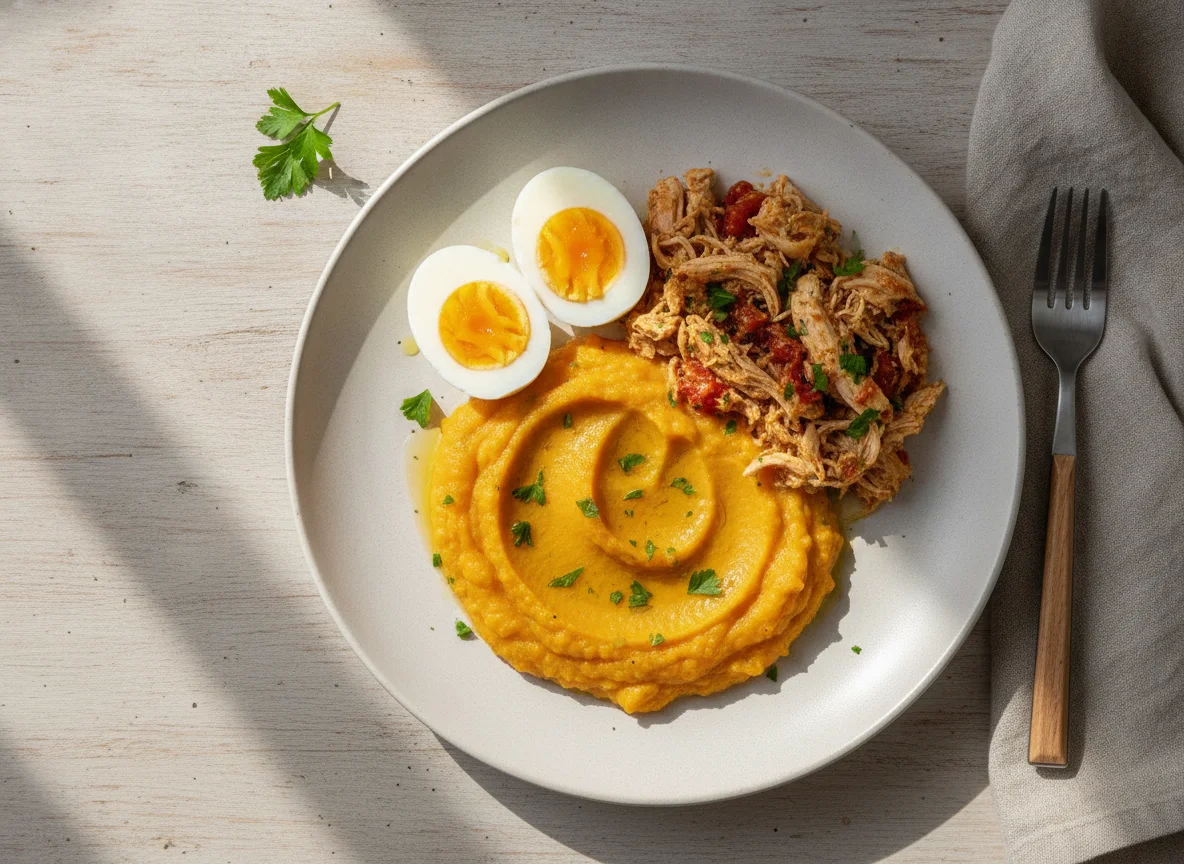 Refeição com ovos, frango desfiado e purê de abóbora photo