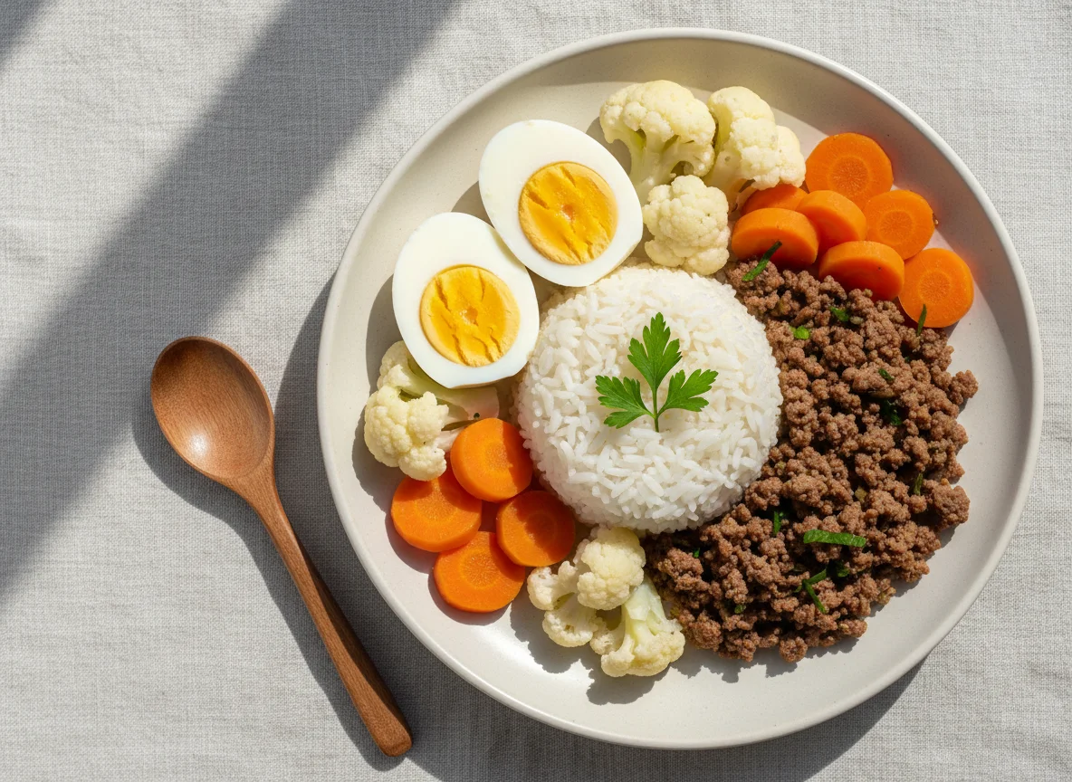 Refeição com ovos, legumes e arroz photo