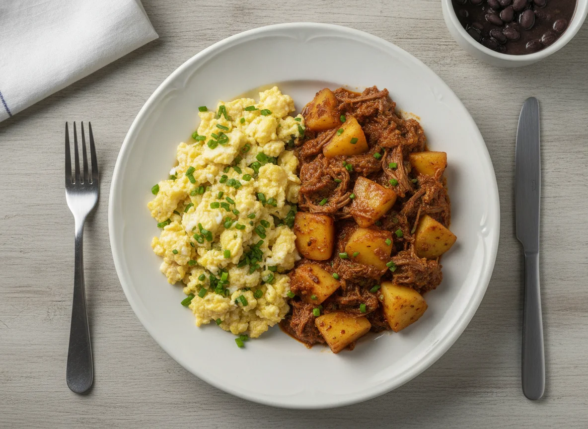 Refeição com ovos mexidos e carne ensopada com batatas photo