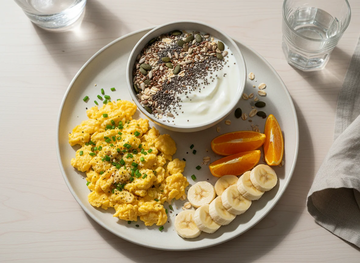 Refeição com ovos mexidos, frutas e iogurte photo