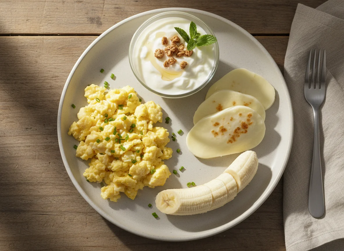 Refeição com ovos mexidos, queijo, banana e iogurte photo