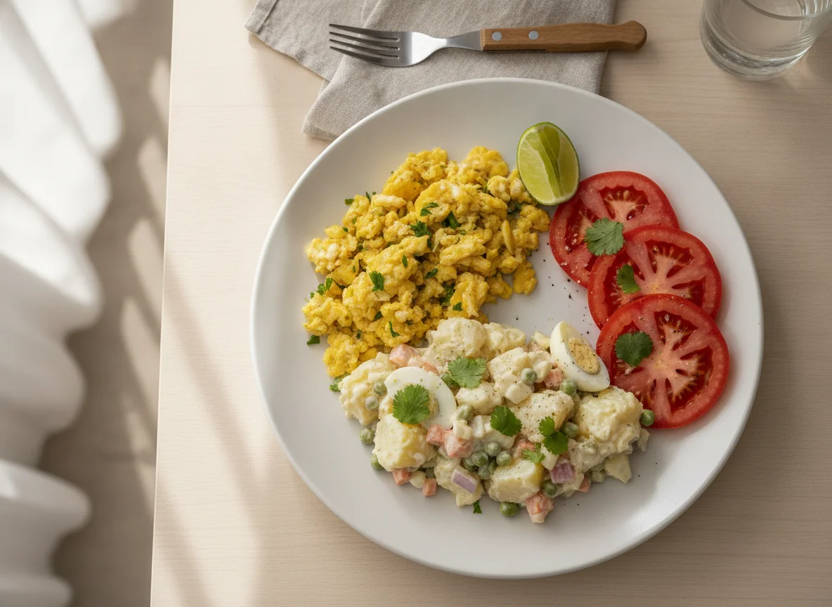 Refeição com ovos mexidos, salada de batata e tomate photo