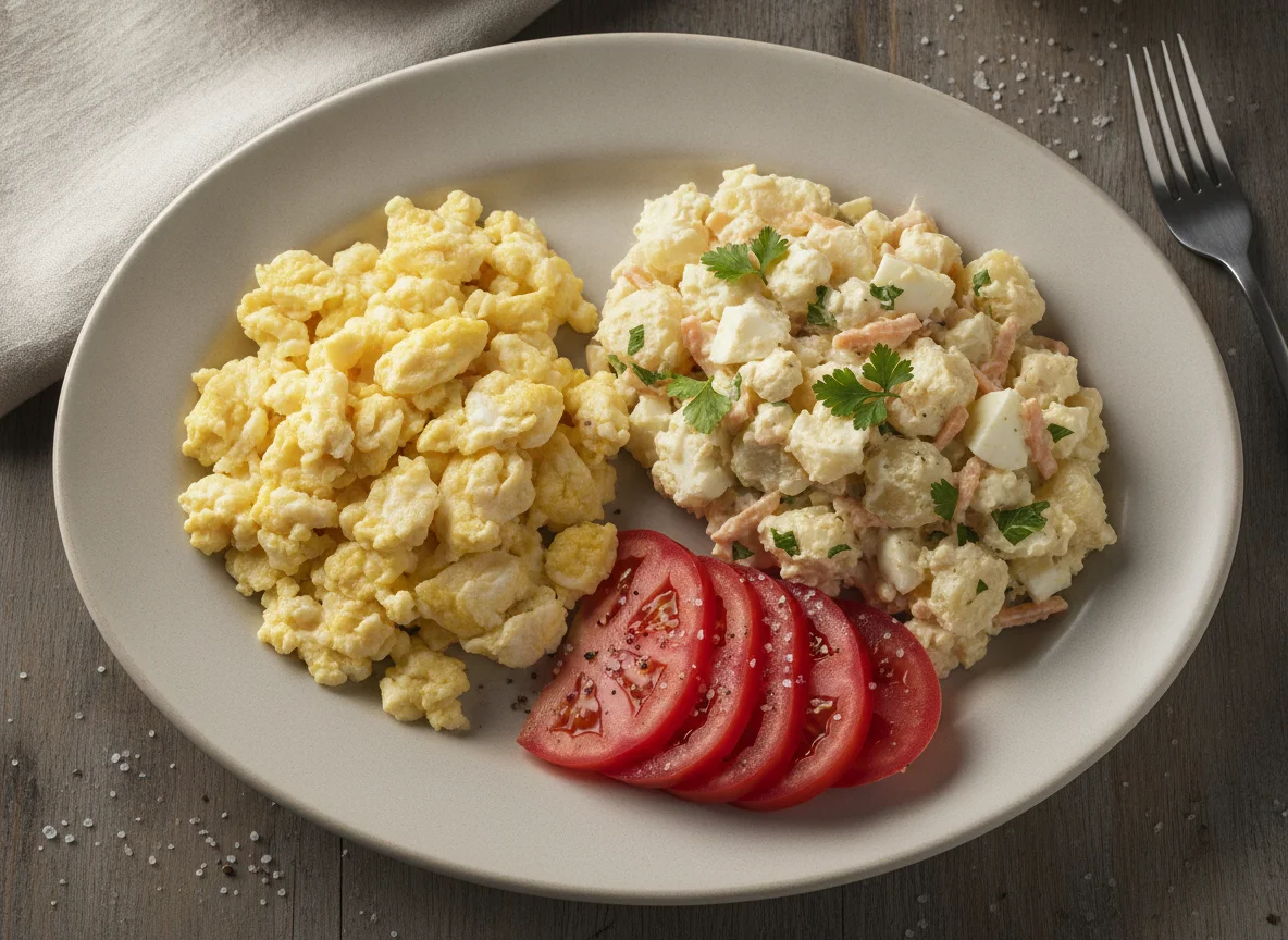 Refeição com ovos mexidos, salada de maionese e tomate photo