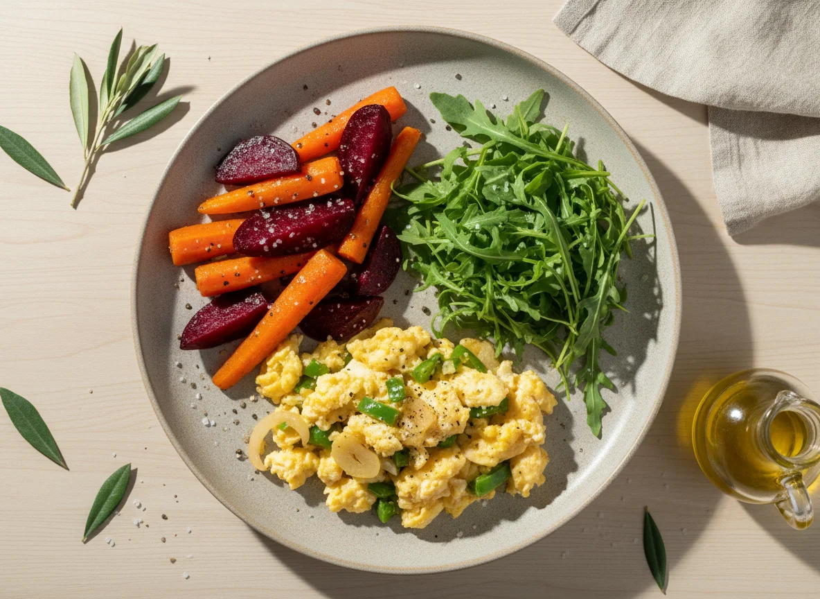 Refeição com ovos mexidos, vegetais assados e salada de rúcula photo