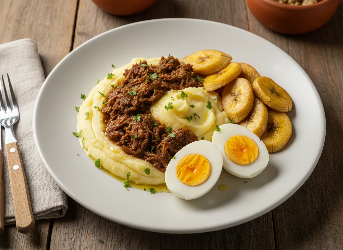 Refeição com ovos, purê de batata, carne e banana photo