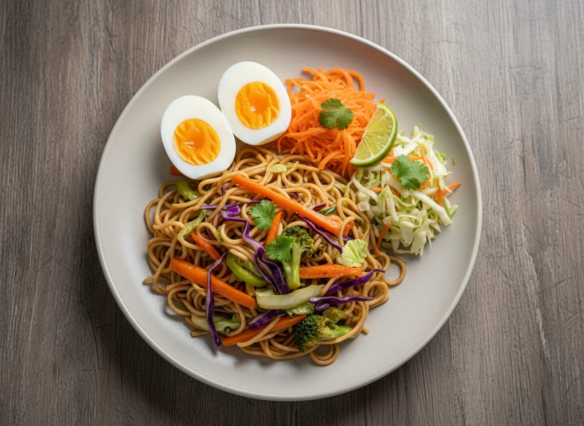 Refeição com ovos, salada e macarrão com vegetais photo