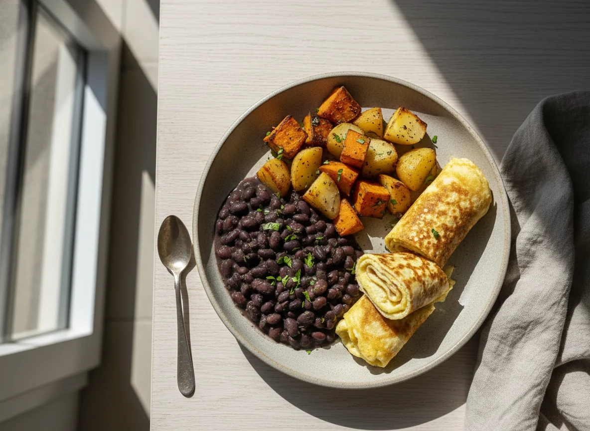 Refeição com panqueca, feijão e batata doce photo