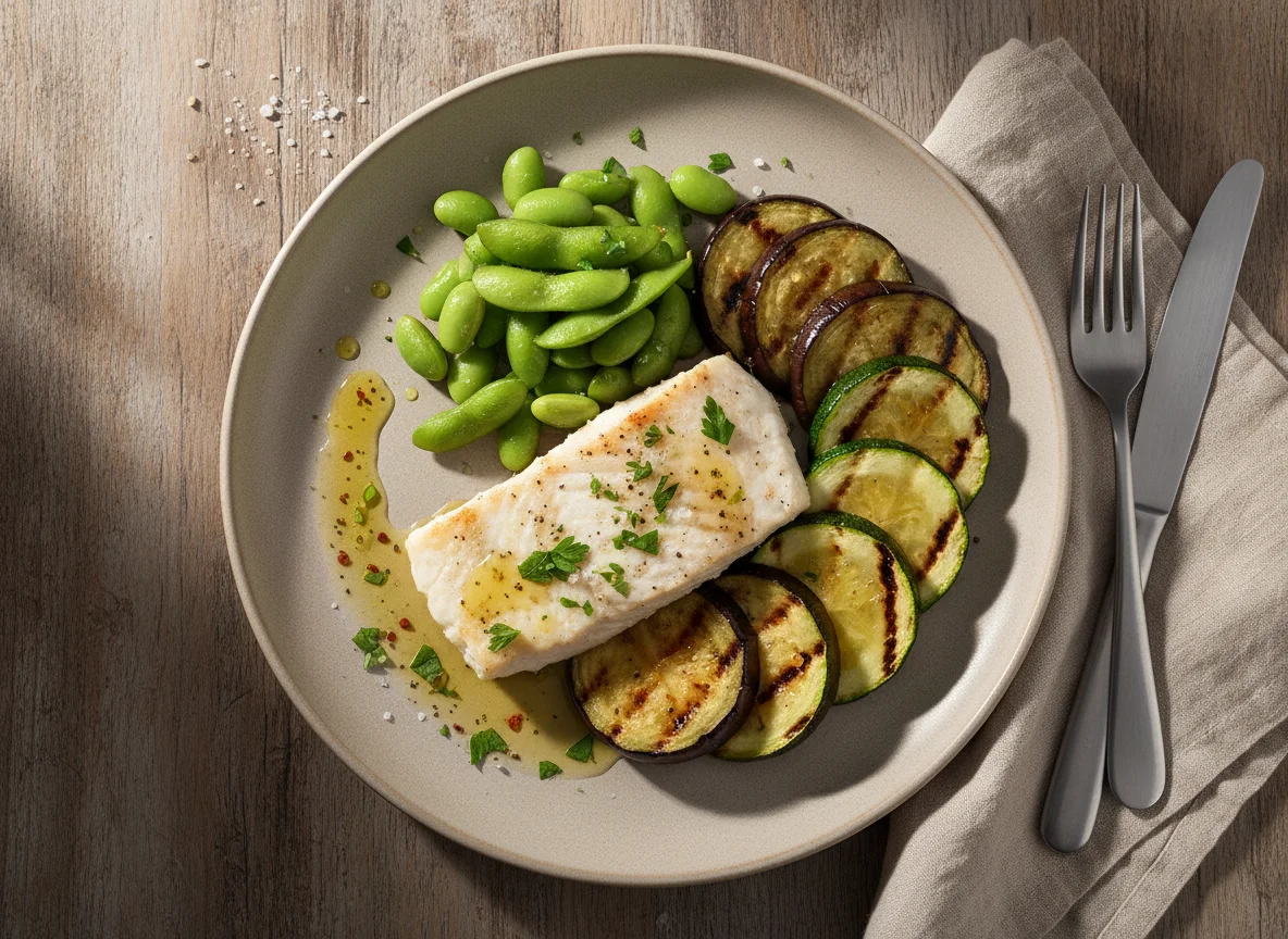 Refeição com peixe, edamame e legumes photo