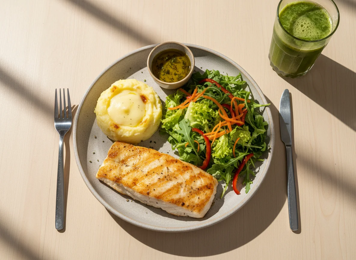 Refeição com peixe grelhado, purê e salada photo