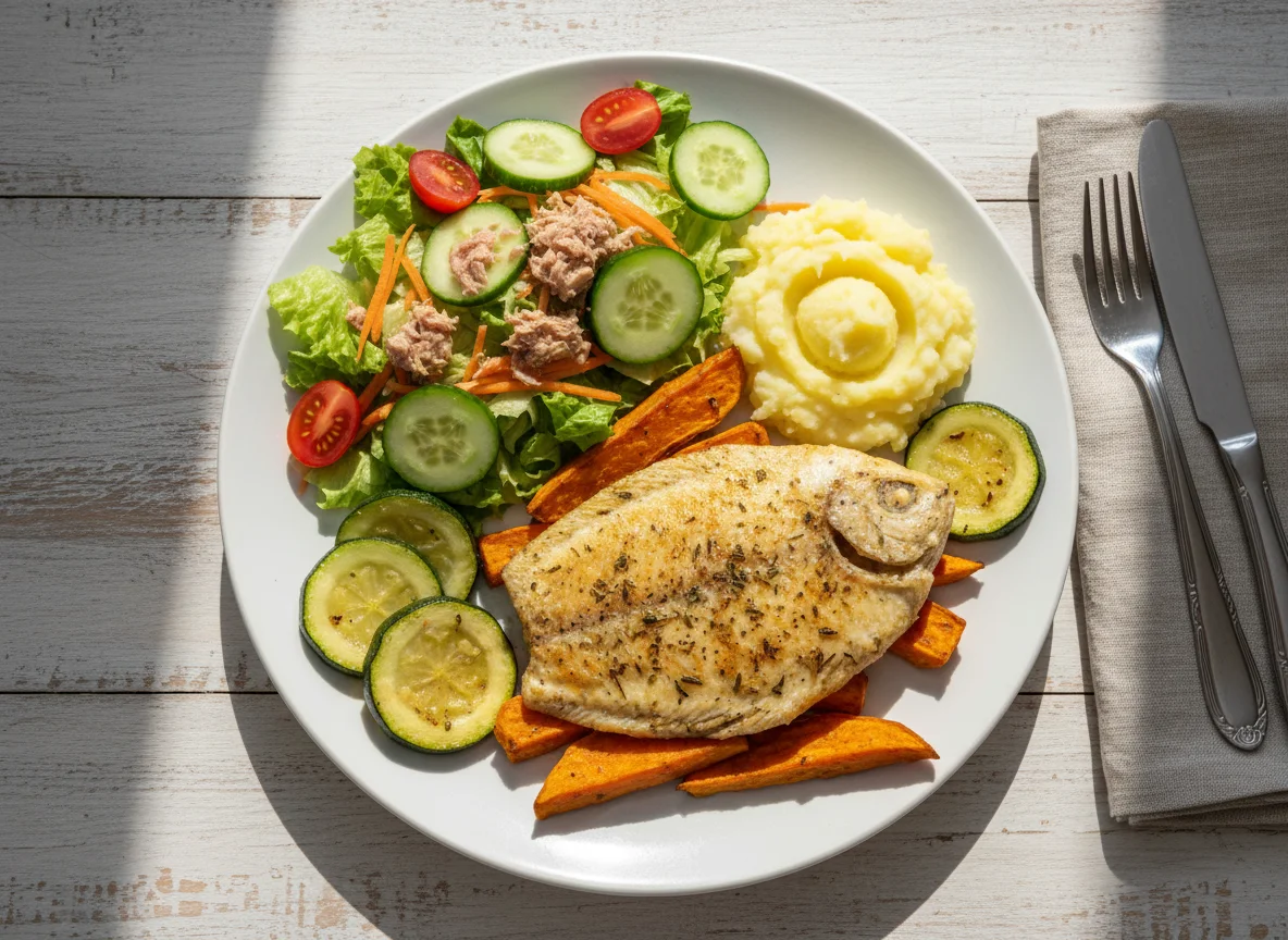 Refeição com peixe, legumes e salada photo